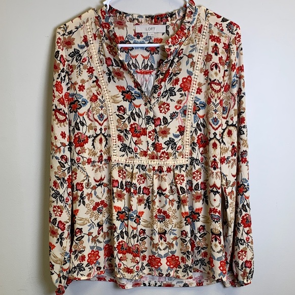 LOFT Tops - LOFT Floral Blouse with Red, Blue, and Cream Accents